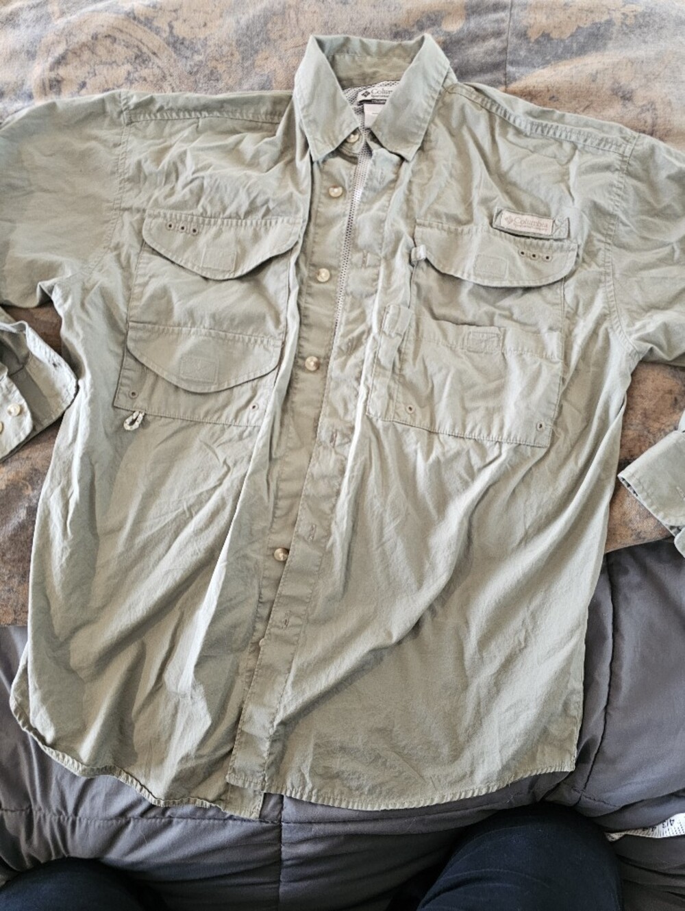 Columbia PFG Bonehead Long Sleeve Fishing Shirt Mens Small Khaki Tan Cargo FM712
